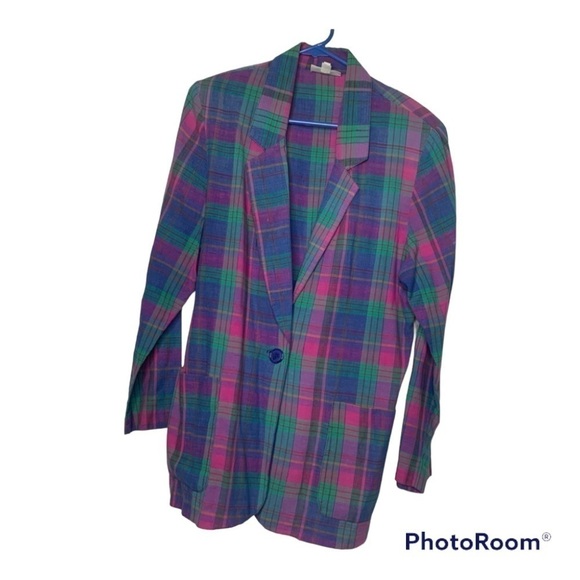 VINTAGE Item Eyes plaid, knee- length blazer - Picture 1 of 7